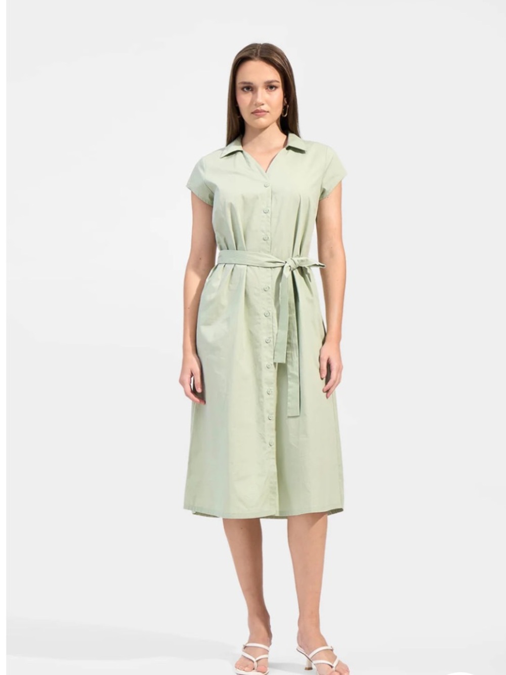 Love Tree Sage Green Button-Front Midi Shirt Dress